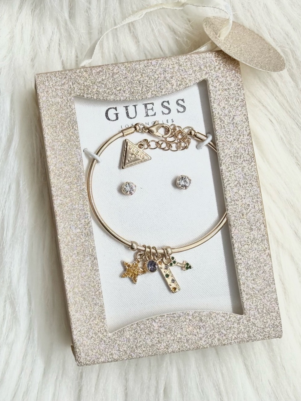 GUESS Gold-Tone Charm Bracelet with Clear Crystal Studs Gift Box Set New in Box